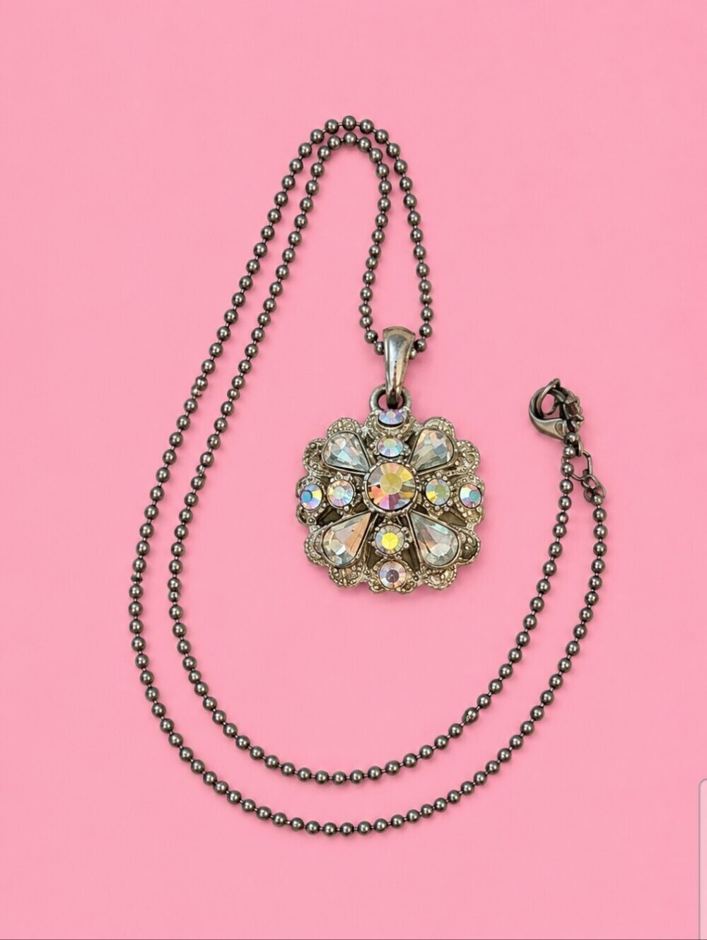 Vintage Aurora Borealis Irridescent Crystal Floral Pendant Chain Necklace